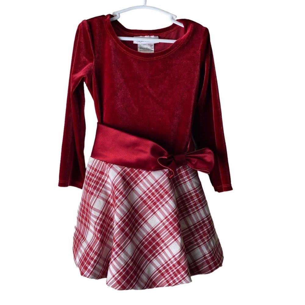 Bonnie Jean Girl Christmas Holiday‎ Size 3 3T Red Tie Back Plaid Front Bow Dress